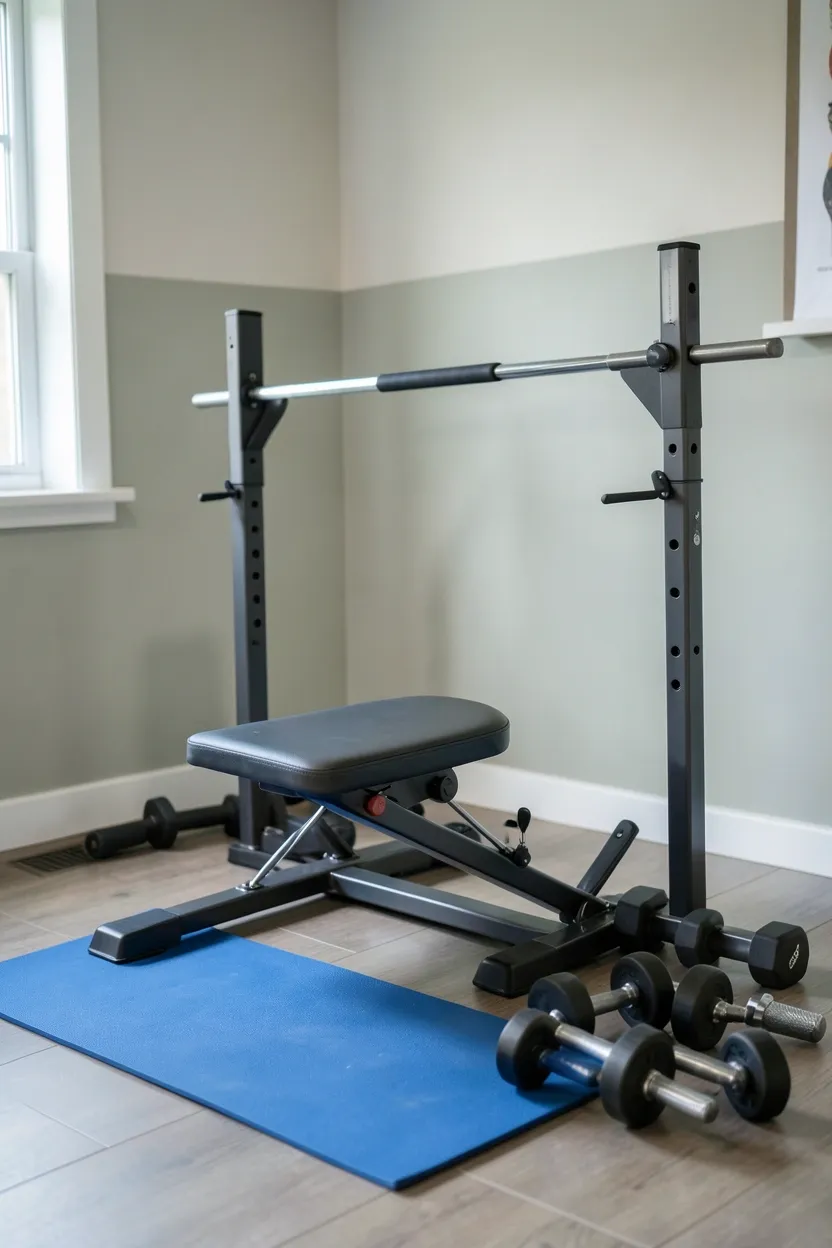 Compact foldable bench with dumbbells arranged for pressing exercises in a small apartment bedroom — budget bench press setup for renters