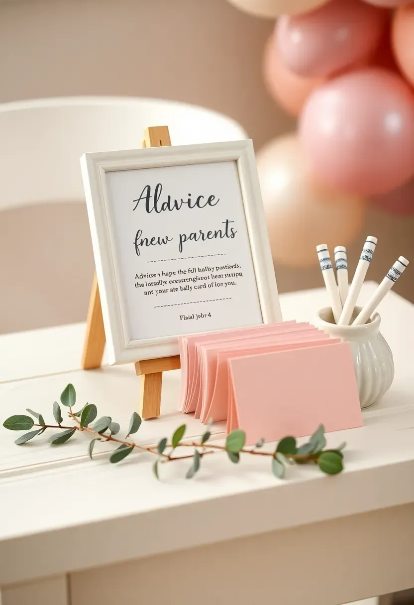 advice for new parents card station at a baby shower with a sign reading share your best parenting advice beside a stack of pastel advice cards and a decorative pen holder