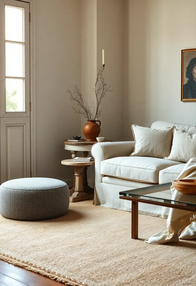 Boucle ottoman with an antique side table