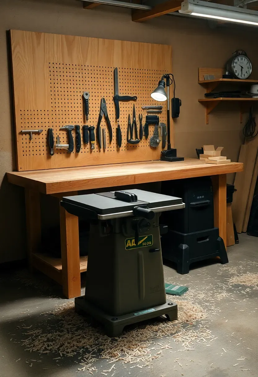 Craftsman basement workshop with a large wooden workbench, pegboard tool wall, table saw, wood shavings on the floor, and task lighting