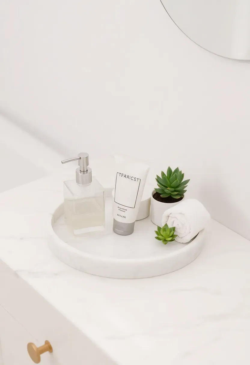 Round mirrored tray on bathroom counter displaying three glass apothecary jars with chrome lids holding cotton balls and bath salts