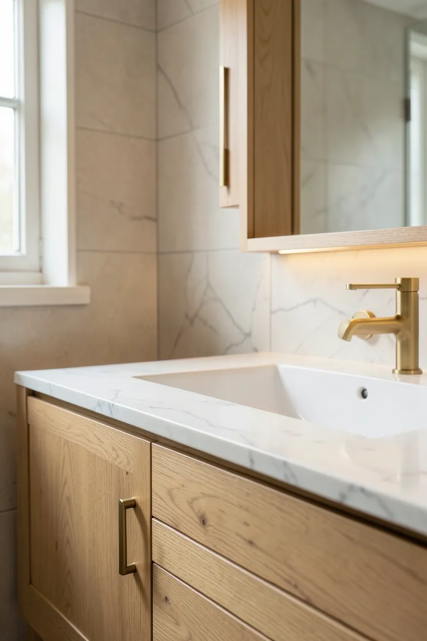 Oak wood vanity with natural finish and integrated basin paired with brass tap in a warm rental bathroom