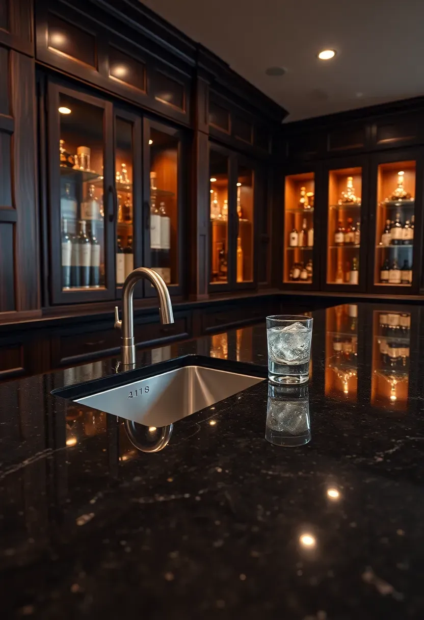 Basement wet bar with a polished granite slab countertop, undermount stainless sink, and dark cabinetry with glass doors