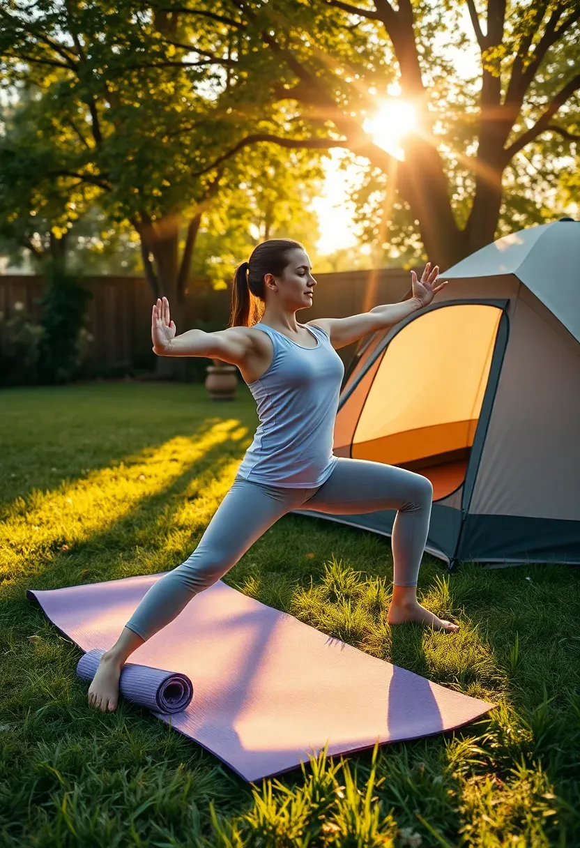 A person doing a morning yoga pose on a rolled-out mat in a dewy backyard clearing next to a tent with soft morning sunlight filtering through trees
