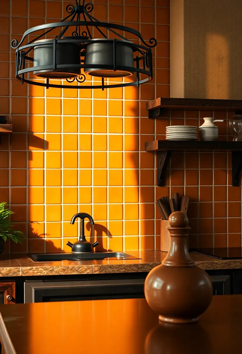 glazed terracotta square tile backsplash in warm burnt orange behind a Mediterranean kitchen with iron pot rack