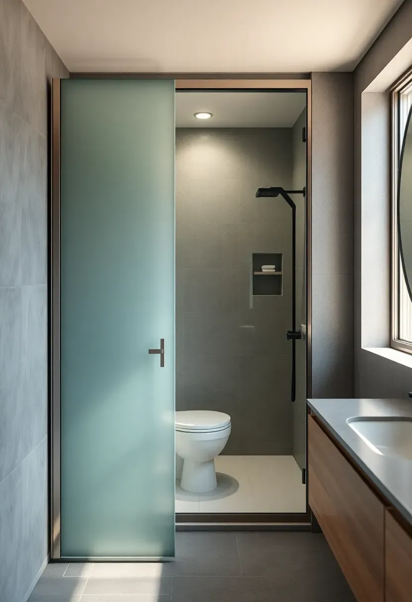 Bathroom layout with a separate enclosed toilet compartment behind a frosted glass door