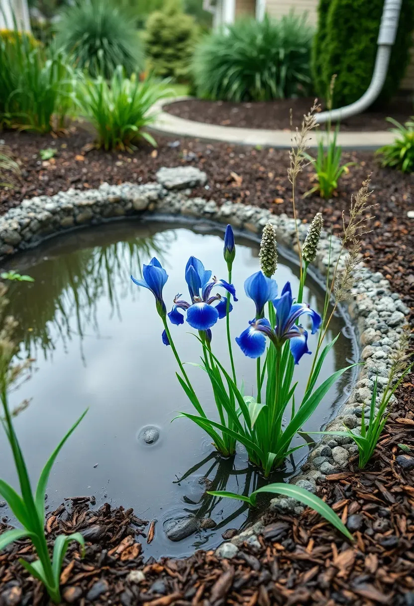 Rain garden pond in a low section of a backyard, filled with rushes, iris, and native wildflowers, after a light rain