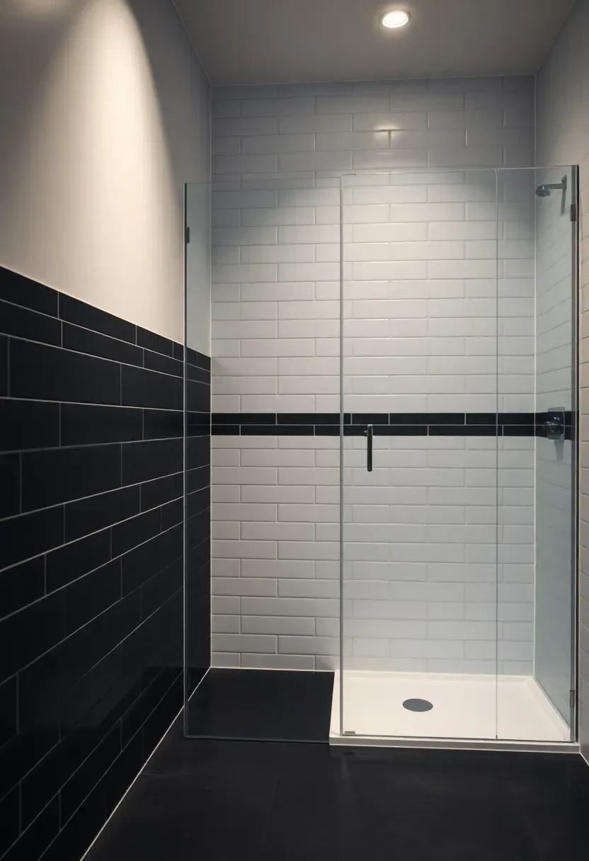 Black half-wall tile accent in an apartment shower with white upper walls creating a two-tone horizontal contrast