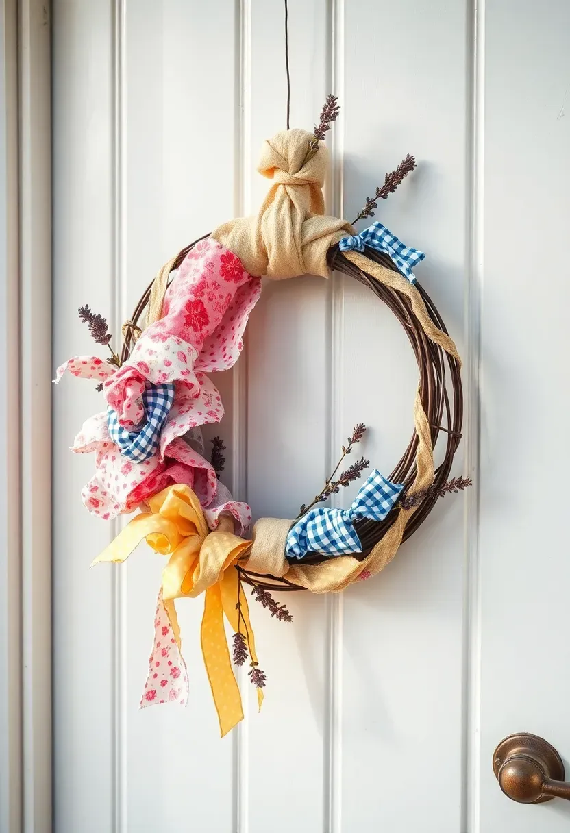 spring wreath made with wrapped fabric strips in pastel colors on a front door