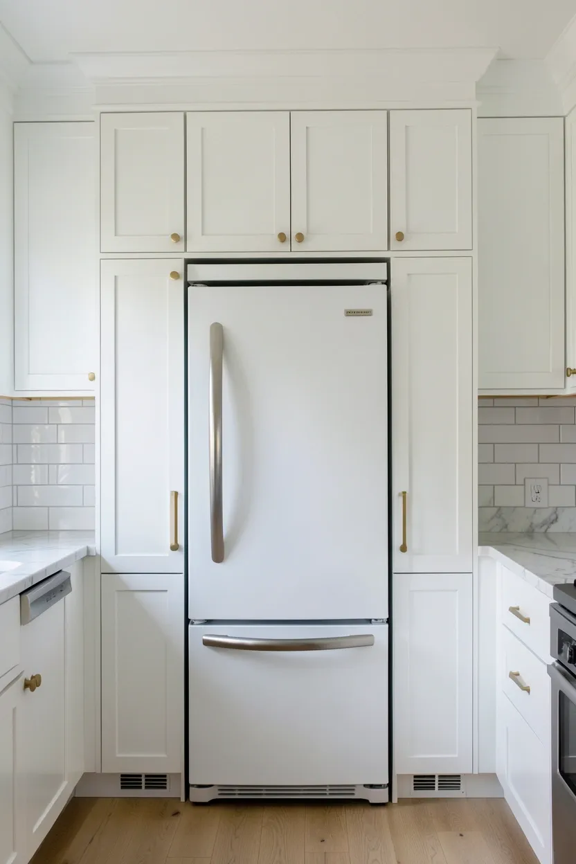 Hyper-realistic eye-level photograph of an elegant kitchen with a refrigerator surrounded by matching cabinetry panels. The refrigerator is completely concealed behind white shaker-style cabinet panels that extend from floor to ceiling. Crown molding at the top of the refrigerator surround matches the surrounding cabinetry. The panels have integrated pulls in a continuous horizontal design. White subway tile backsplash and marble countertops visible to the sides. Natural daylight. Materials: white lacquer, white painted wood, brass hardware. Seamless built-in elegant mood. Sharp focus on panel alignment and crown molding. No text, no logos, no watermarks.</p>