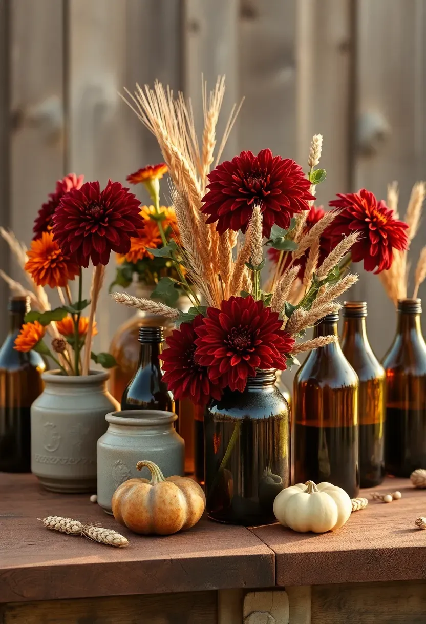autumn harvest flower bar with burgundy dahlias and rust marigolds in amber glass bottles and ceramic crocks