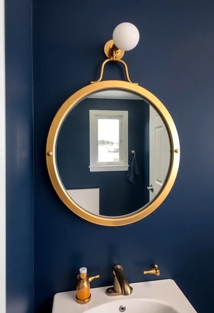 Small convex porthole-style bathroom mirror with thick brass frame mounted on a navy blue painted wall, reflecting a wide-angle view of the room