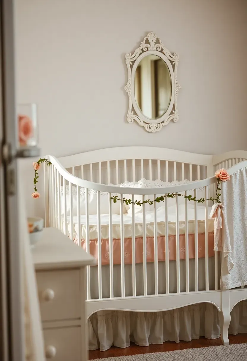 vintage rose and antique white baby girl nursery with floral wallpaper and ornate crib