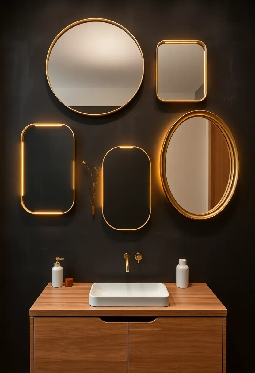 Bathroom wall arrangement of various decorative mirrors in different shapes with backlit LED borders