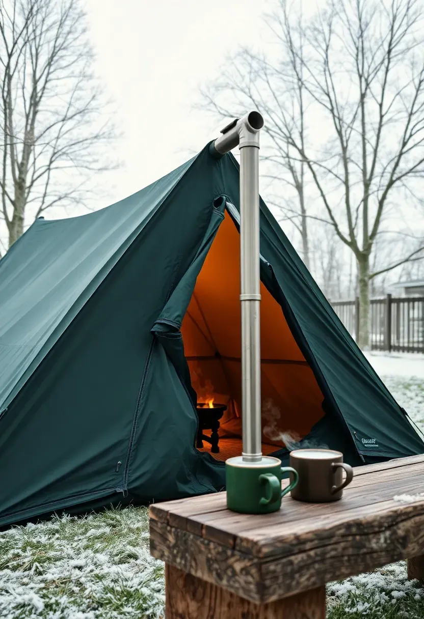 A winter backyard campsite with a four-season tent on frosty grass, a portable wood stove with a chimney pipe, steaming mugs on a bench, and bare trees dusted with snow
