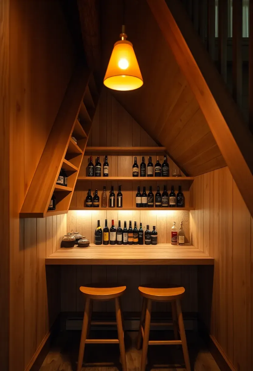 Compact bar built into the triangular space beneath basement stairs with angled shelving, single pendant light, and a small countertop with two stools