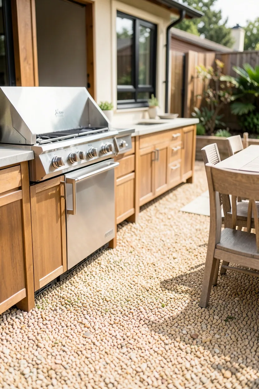 Pea Gravel Patio with Outdoor Kitchen