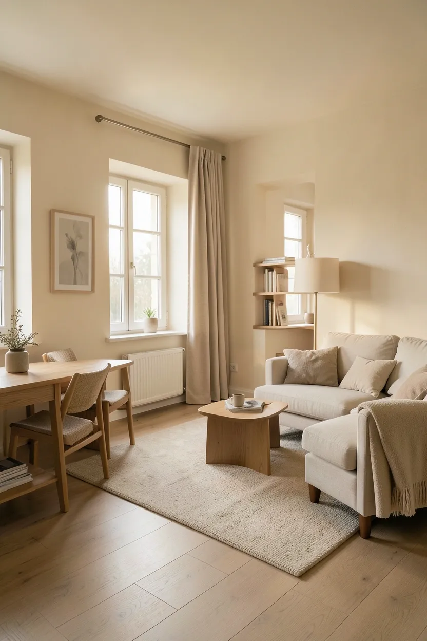 Warm cream, beige, and soft brown color palette in a minimalist rental living room with natural light