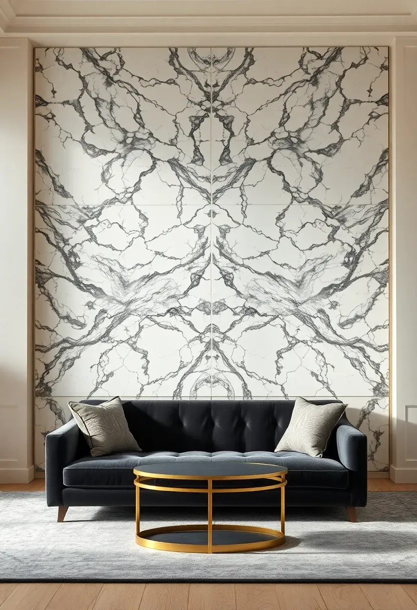 Hyper-realistic frontal view of elegant living room with bookmatched marble accent wall behind seating area. Materials: large white marble slabs with dramatic gray veining in symmetrical bookmatched pattern, charcoal velvet sofa, brass console table beneath marble, cream side walls, white oak floor. Soft directional lighting emphasizing marble's natural patterns and surface depth. Luxurious stone as architectural artwork.</p>