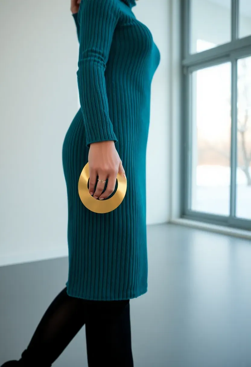 teal turtleneck knit dress with bold gold statement earrings for a winter baby shower