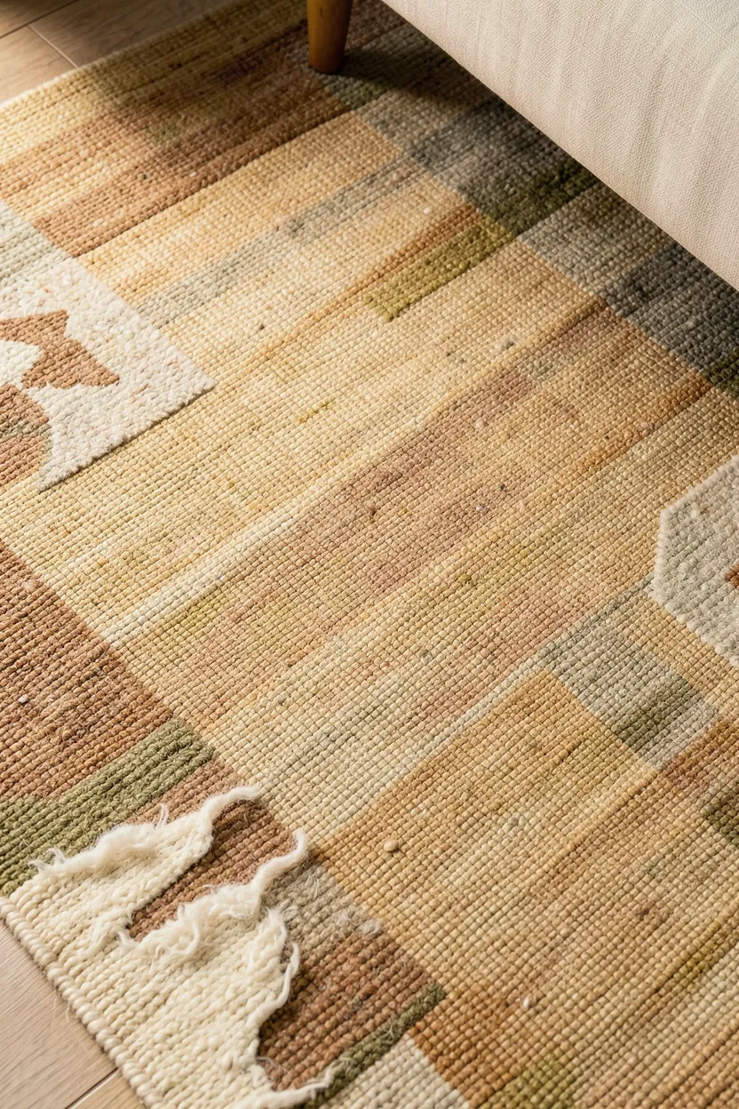 Natural jute rug with warm cream wool accents anchoring a beige linen sofa arrangement in an organic modern living room