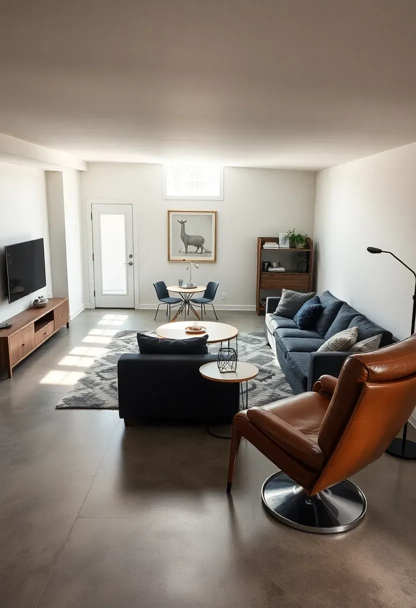 Spacious open concept basement layout with a large living area, dining nook, and reading corner defined by furniture placement on polished concrete floors