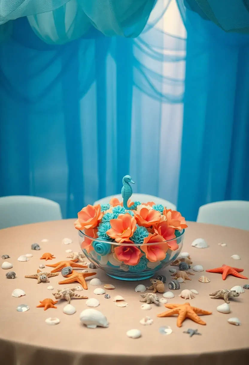under the sea baby shower with ocean blue tulle waves, seashell garlands, coral colored flowers, sand colored table linen, and a sea creature fondant cake