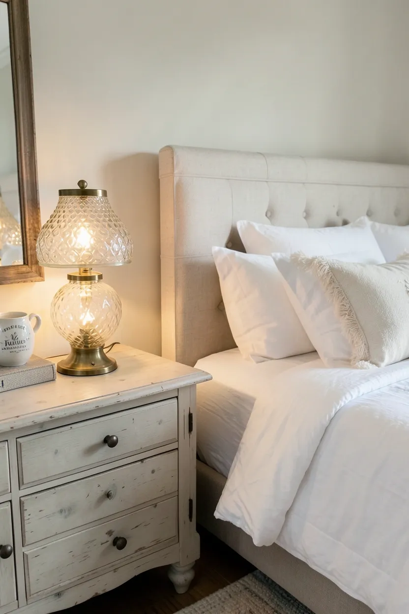 Matching milk glass table lamps with hobnail texture and brass bases on nightstands in a bright vintage farmhouse bedroom