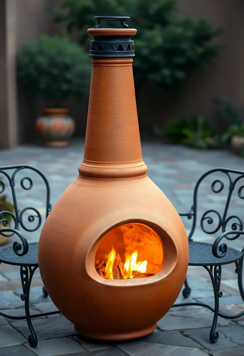 Hyper-realistic 3/4 view of a traditional chiminea firepit showing a bulbous clay firepot in warm terracotta with a tall tapered chimney extending upward, with glowing fire visible through the front opening, positioned on a stone or brick paver patio with three wrought-iron chairs arranged around. Materials: traditional terracotta clay with visible artisan markings and slight surface variations, black iron chimney cap, wrought-iron scrollwork chairs, stone paver surface, visible garden beyond. Evening lighting with fire glow emanating from chimney top and front opening, creating traditional Mexican courtyard atmosphere. Visible clay texture and artisan craftsmanship details. Compact footprint design. Shallow depth of field emphasizing chiminea foreground with chairs and garden context visible beyond. No text, no logos, no watermarks.</p>