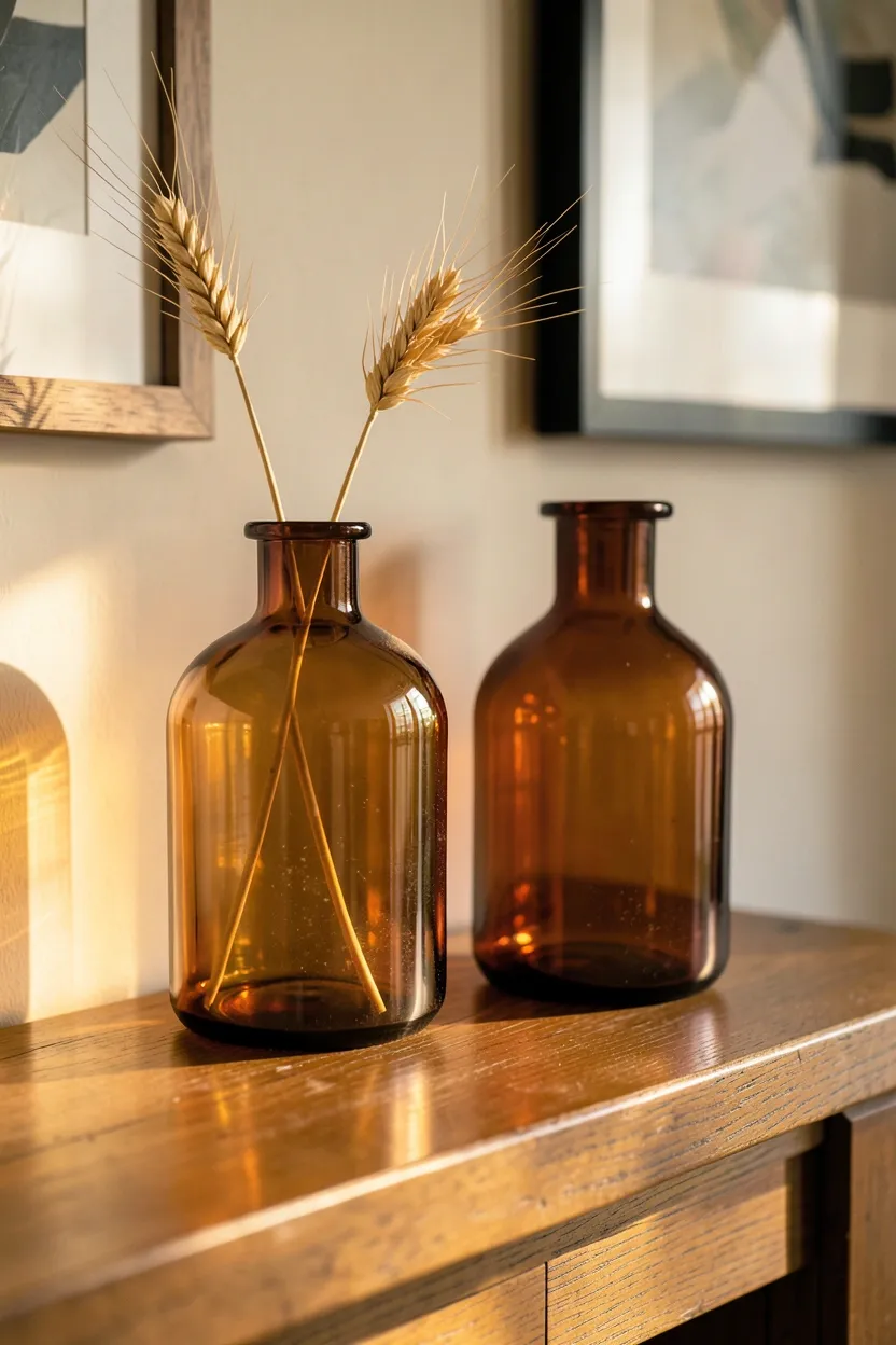 Hyper-realistic eye-level photograph of two amber glass vases of different heights on wooden mantel. Vases have varying shades of amber from pale honey to deep burnt orange. One vase contains single dried wheat stalk, other is empty. Warm afternoon light shines through glass, creating beautiful amber reflections and warm glow on mantel surface. Part of wall and framed art visible. Slight dust on glass showing real use. Materials: amber glass, dried botanicals, wood. Warm sophisticated mood. Sharp glass details and light refraction, shallow depth of field, elegant composition. No text, no logos, no watermarks.