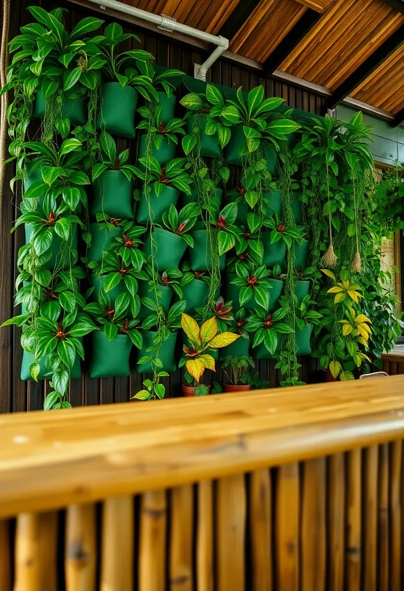 Tiki bar with a living green wall of tropical plants behind the counter including ferns, bromeliads, and pothos in vertical planters