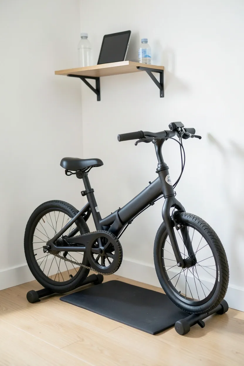 Compact folding exercise bike stored in apartment corner with wall-mounted shelf for tablet and water bottle in small cardio gym setup