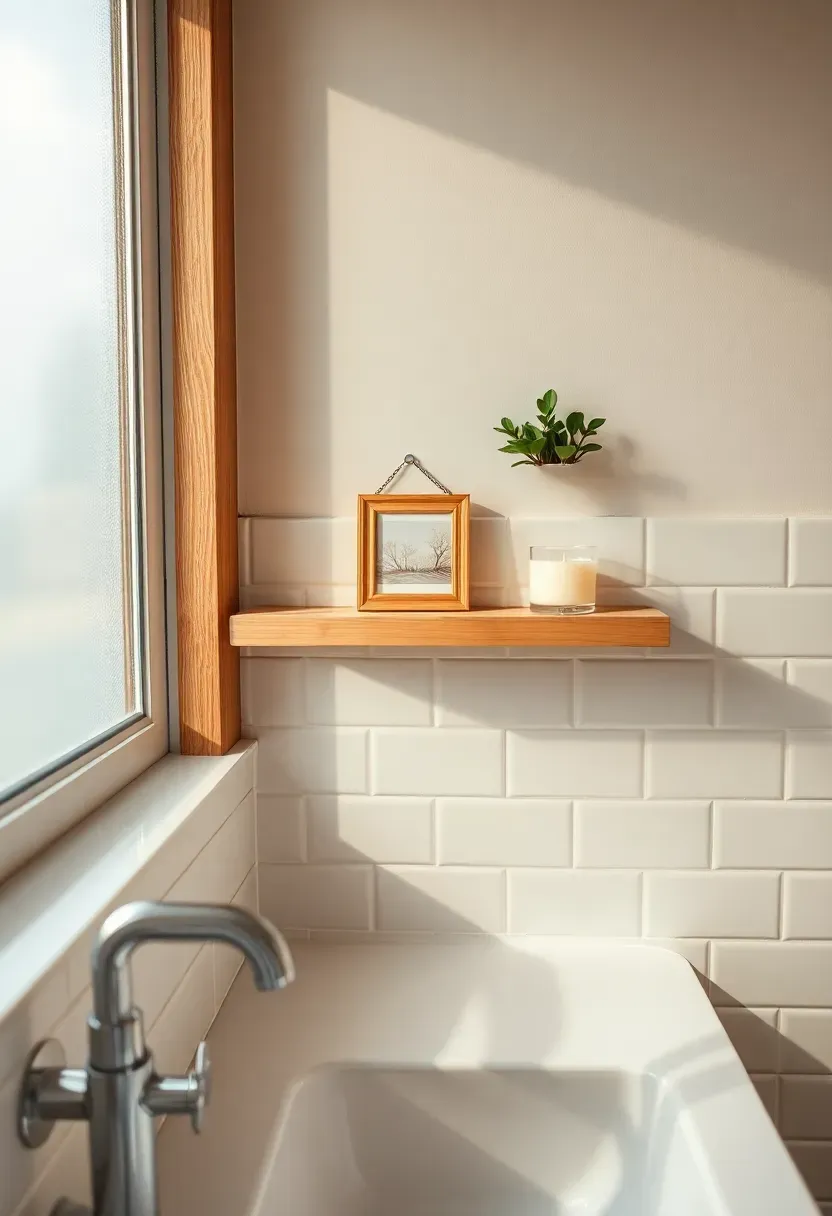Narrow ledge shelf running along the backsplash behind a bathroom sink holding small decorative items and products