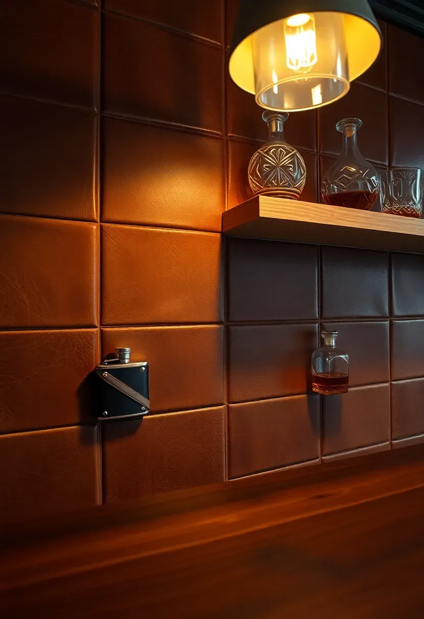 leather tile panels in rich brown behind a whiskey bar with glass decanters and oak shelving