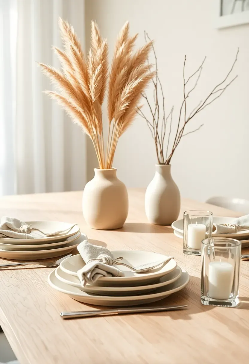 minimalist neutral baby shower decor with white and beige tones, dried pampas grass, linen napkins, and simple ceramic tableware