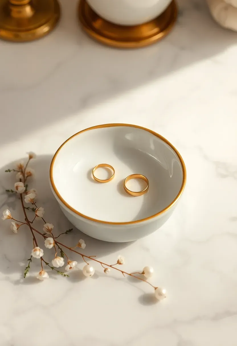 elegant white ceramic jewelry dish with gold rim holding rings and earrings on a vanity