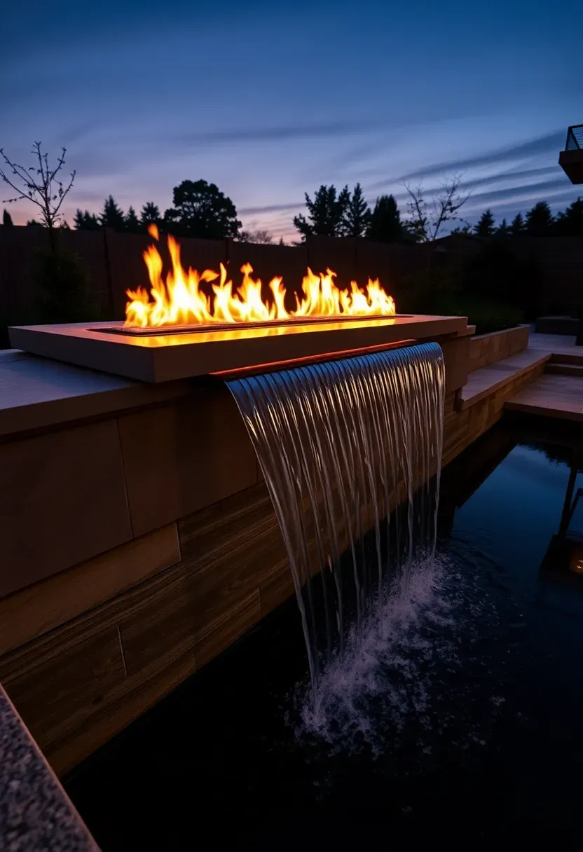 Modern fire and water feature with gas flames burning on a ledge above a waterfall that drops into a dark reflecting pool at twilight