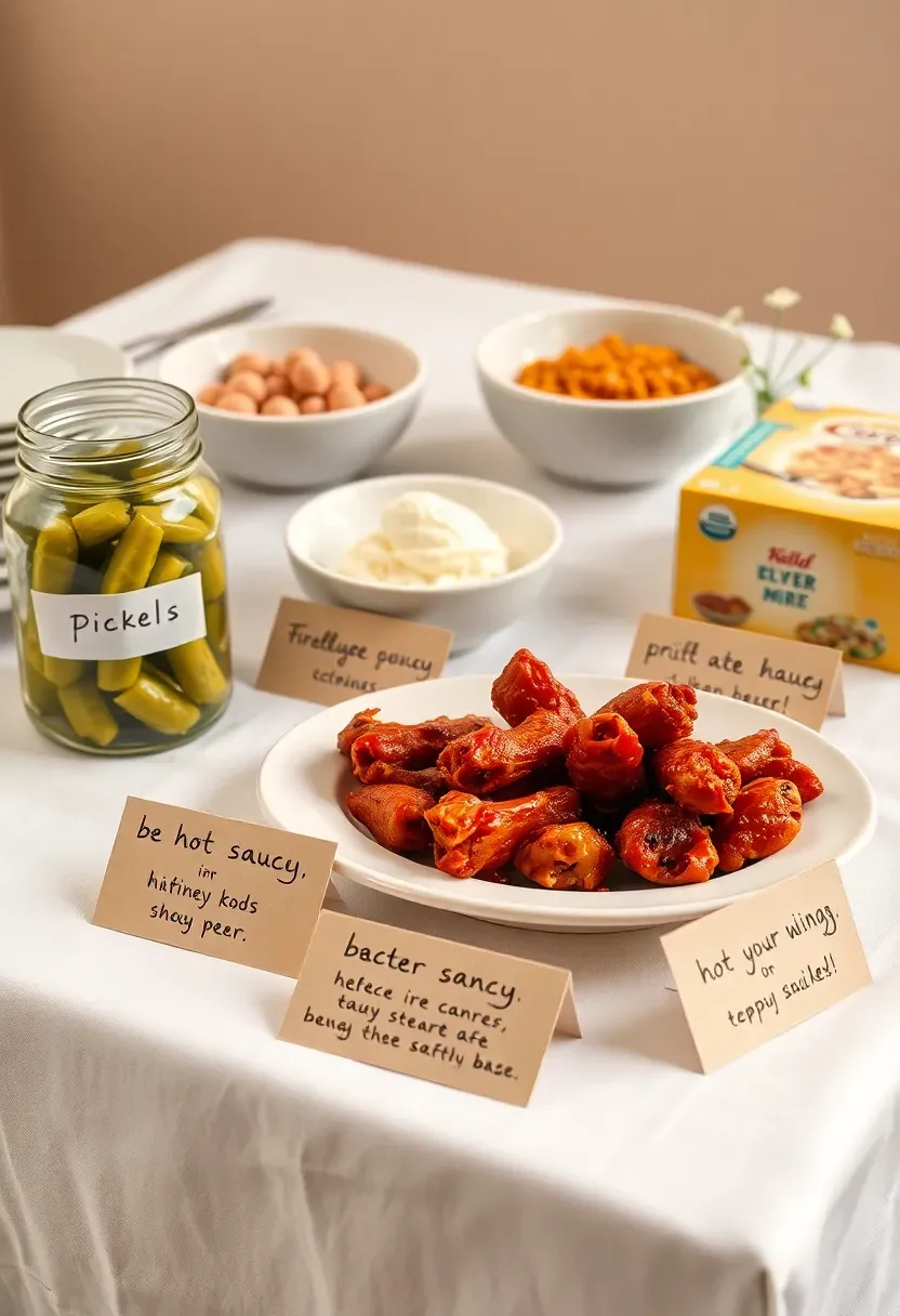 baby shower cravings buffet with labeled dishes showing the expecting parent's favorite comfort foods, pickles, ice cream, and quirky snack combinations