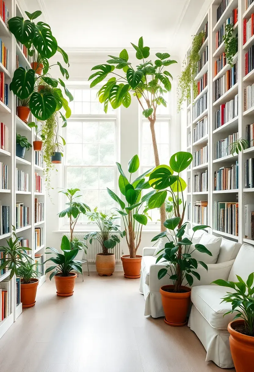 Hyper-realistic 3/4 view of a bright library with white floor-to-ceiling bookshelves filled with colorful books and interspersed with potted plants. Large monstera, snake plants, and pothos cascade from shelves, a fiddle leaf fig stands in the corner. White oak flooring, a white linen slipcovered sofa, natural light flooding through large windows. Materials: white painted wood, white linen, plants in terracotta and ceramic pots. Bright daylight exposure, cheerful plant-filled mood like a botanical garden reading room. Sharp details, vibrant plant colors, no clutter.</p>