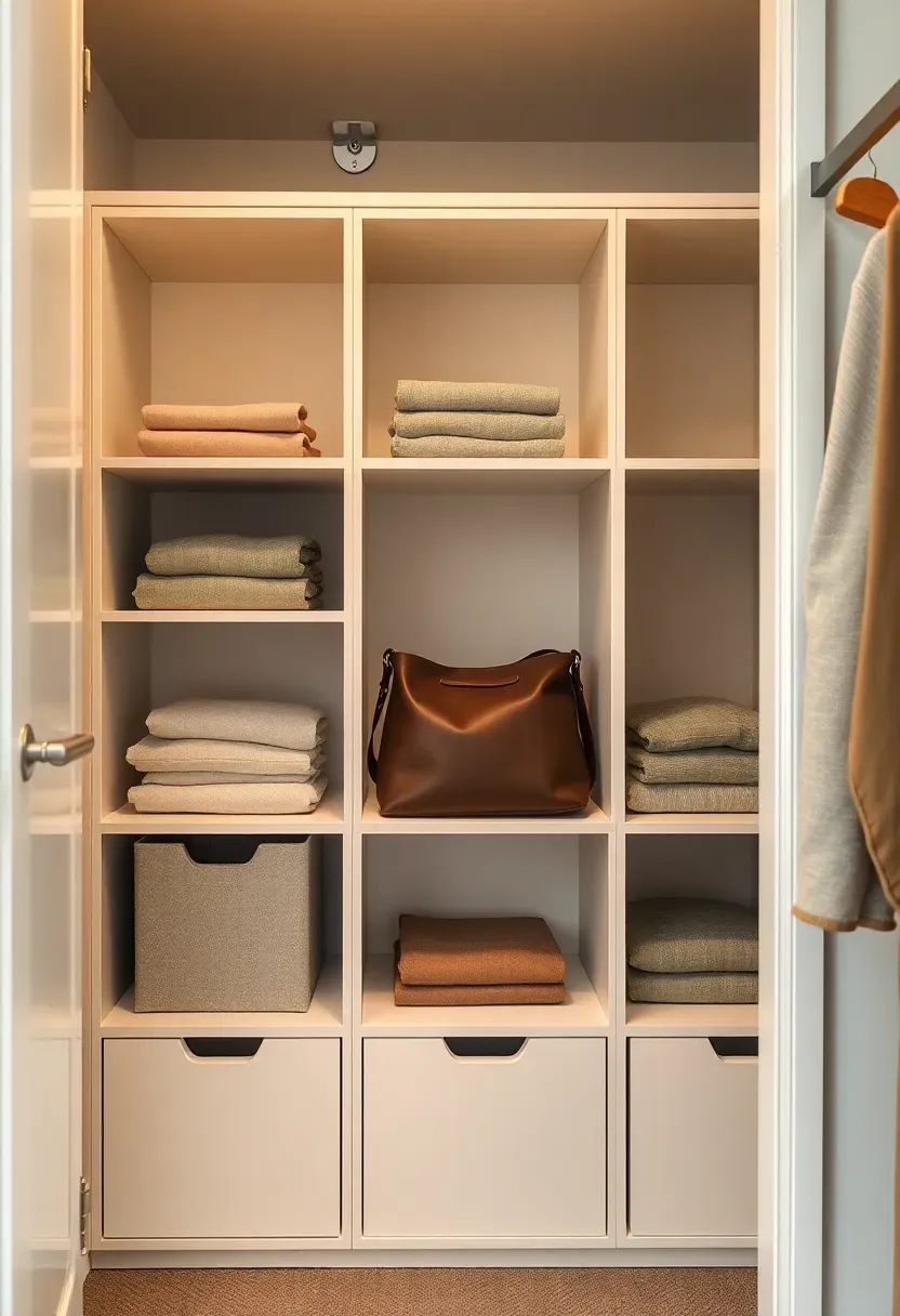 Modular cube storage system in white with fabric drawer inserts in muted tones, placed inside a closet holding bags, folded clothes, and shoes
