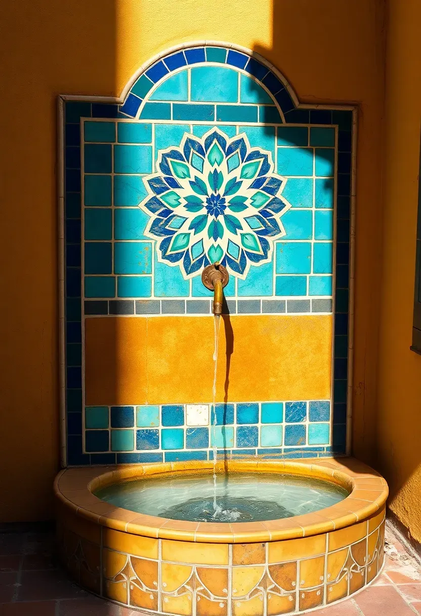 A colorful mosaic tile wall fountain with geometric blue and green patterns and water flowing from a central spout into a basin