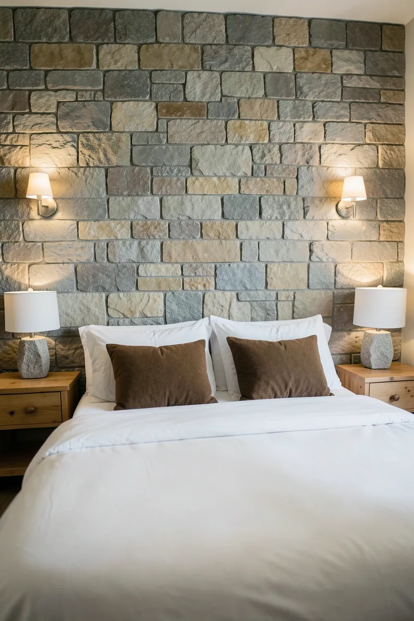 Hyper-realistic eye-level photograph of bedroom featuring natural stone accent wall behind queen bed. Various shades of gray and tan fieldstone with natural variations, white bedding with brown accent pillows, two wooden nightstands with stone accents, soft ambient lighting. Materials: natural fieldstone wall, white cotton bedding, pine wood nightstands, stone lamp bases. Warm ambient light from wall sconces, natural earthy atmosphere. Shallow depth of field, sharp details on stone texture and mortar, balanced composition showing stone wall and bed. No text, no logos, no watermarks.</p>