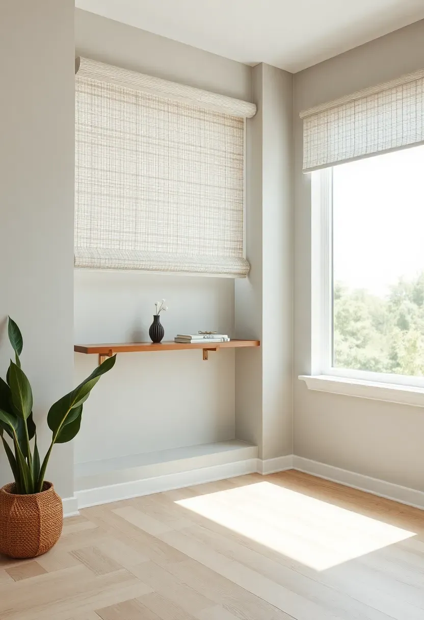 Hyper-realistic 3/4 view of tiny house living area with large window featuring white woven roller shade partially raised, light grey walls, white oak flooring. Materials: natural woven grasscloth shade texture, matte wall paint, wood grain floor. Bright natural daylight streaming through uncovered upper window section. Minimal floating shelf with small decor items. Clean airy aesthetic. Shallow depth of field, sharp focus on shade texture. No text, no logos, no watermarks.</p>