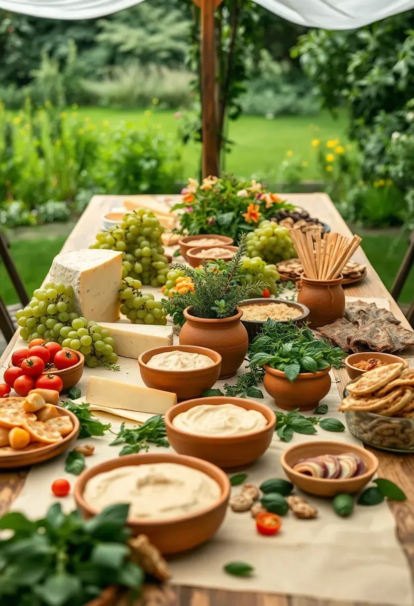 lush garden party grazing table for baby shower with cheese wheels fresh fruit clusters herbs breadsticks and edible flowers on a long table covered in greenery