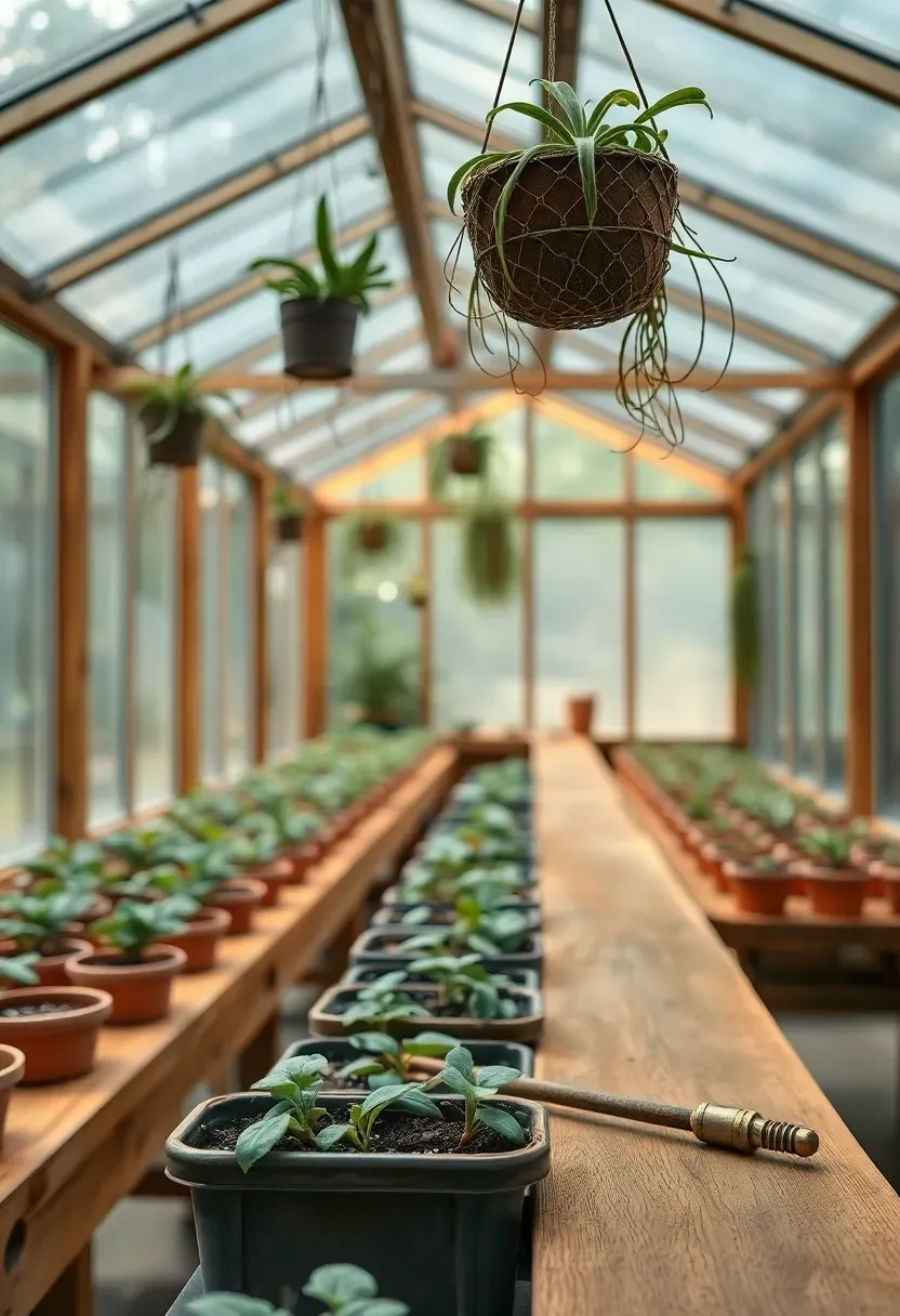 She shed plant propagation greenhouse with cedar potting benches, terracotta seedling trays, glass roof panels filtering dappled light, air plants in wire baskets, and brass misting wand