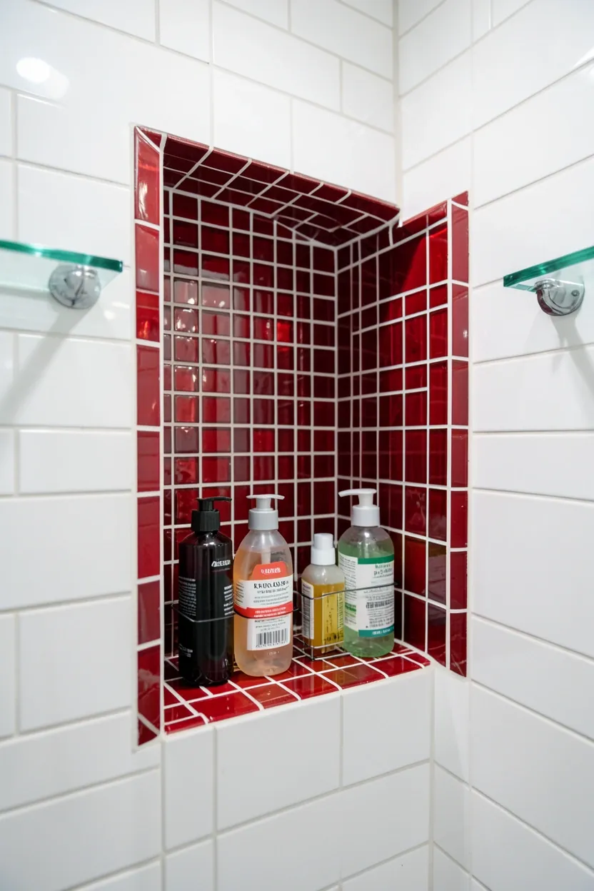 Red Shower Niche with Mosaic Tile