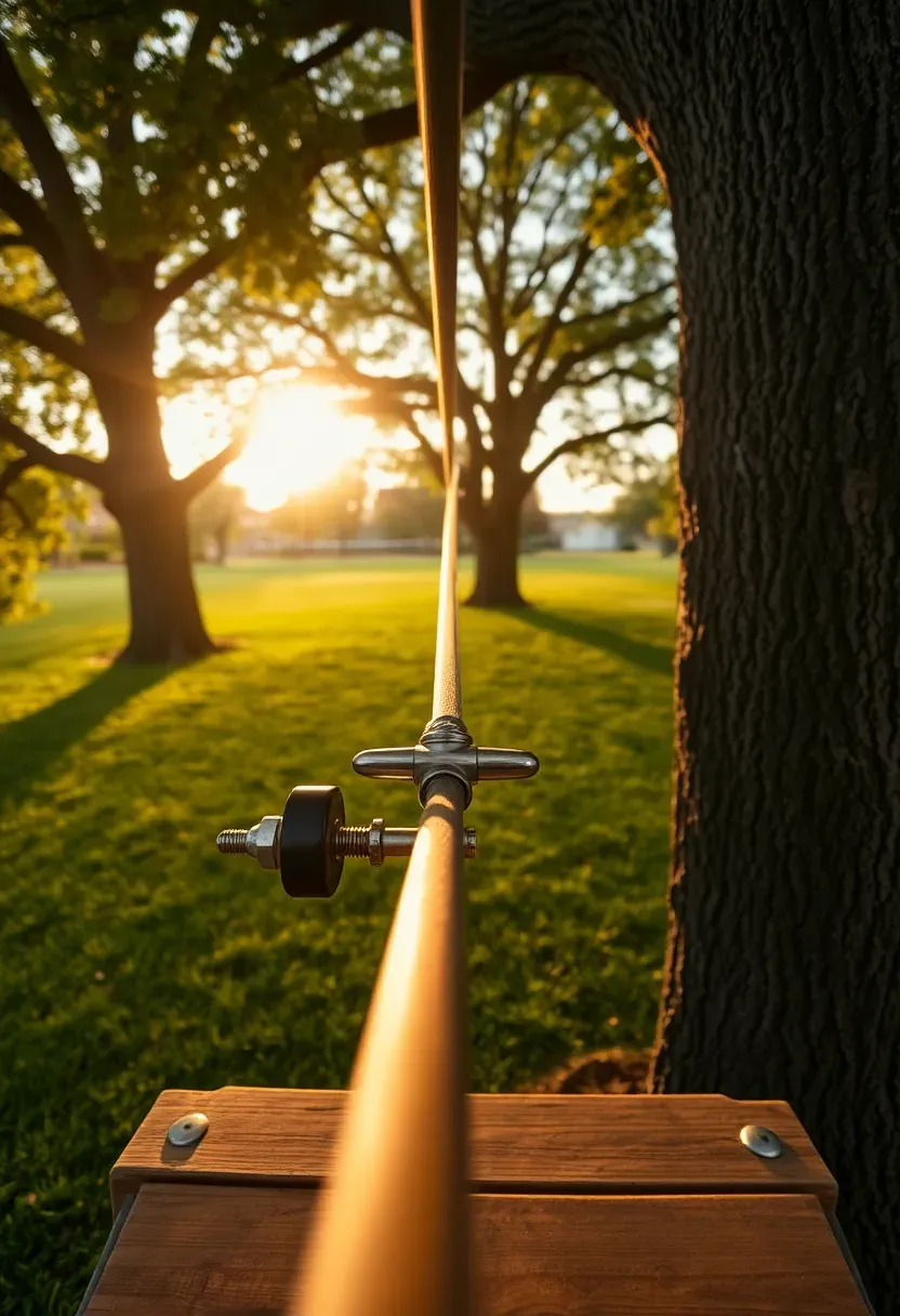 Backyard zipline cable running between two large trees across green lawn, with trolley handle and seat visible at launch platform