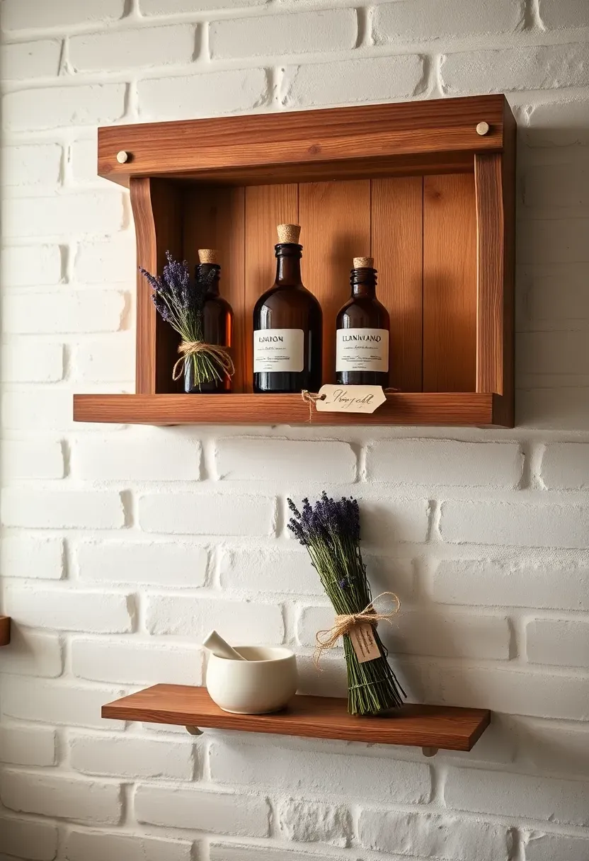Farmhouse apothecary wall shelf with amber glass bottles, dried lavender, and a ceramic mortar on a whitewashed brick wall