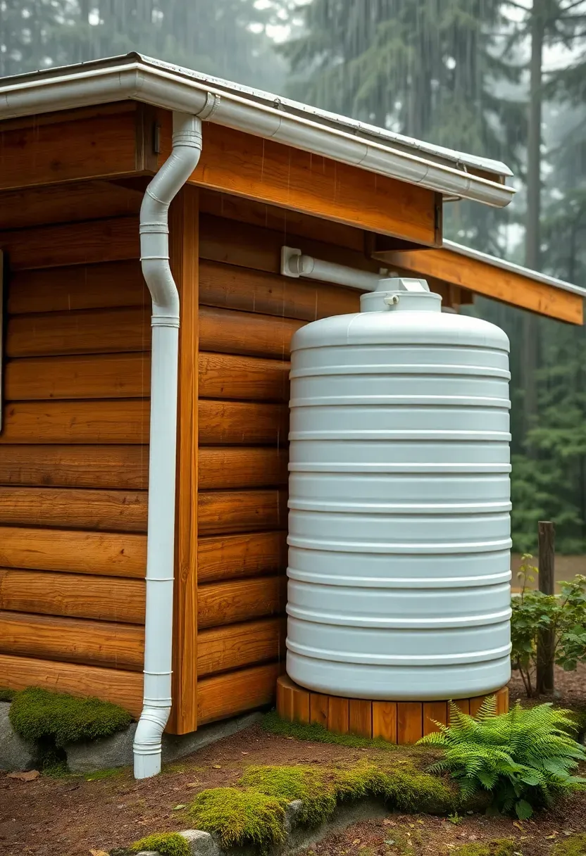 Hyper-realistic 3/4 view of a tiny house with rainwater collection system, showing gutters and cylindrical water tanks beside the structure. Materials: corrugated metal roof, white vinyl gutters, translucent plastic tanks, cedar siding. Soft diffused daylight, gentle rain falling. Peaceful sustainable setting, moss and ferns around tank base. Shallow depth of field, visible forest background. No text, no logos.</p>