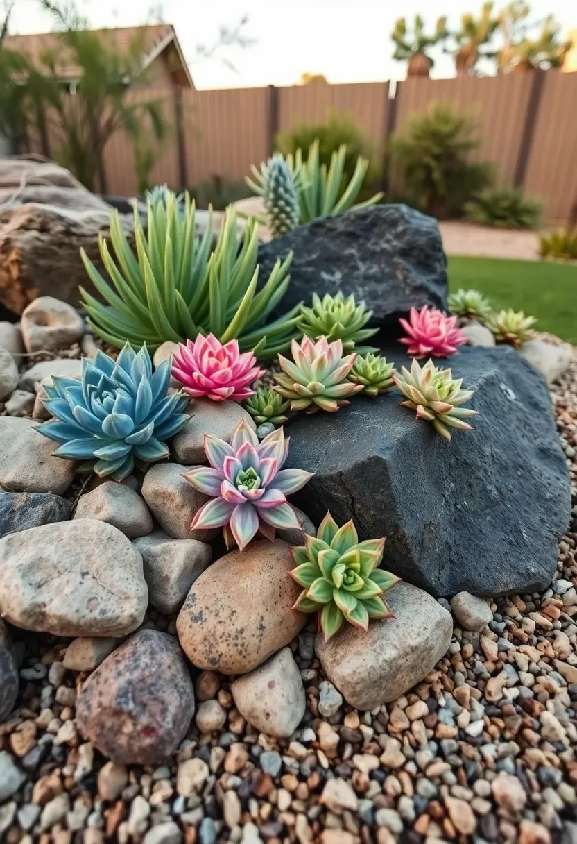Colorful succulent rock garden in an Arizona backyard with agave, echeveria, and hens-and-chicks planted among smooth river stones and volcanic rock
